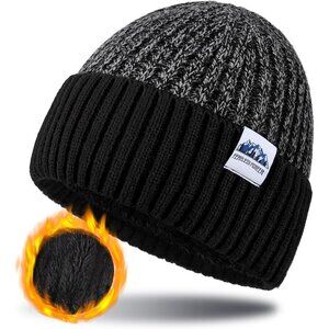 Mens Fleece Lined Winter Knit Beanie Hat Warm Soft Snug Fit for Cold Weather